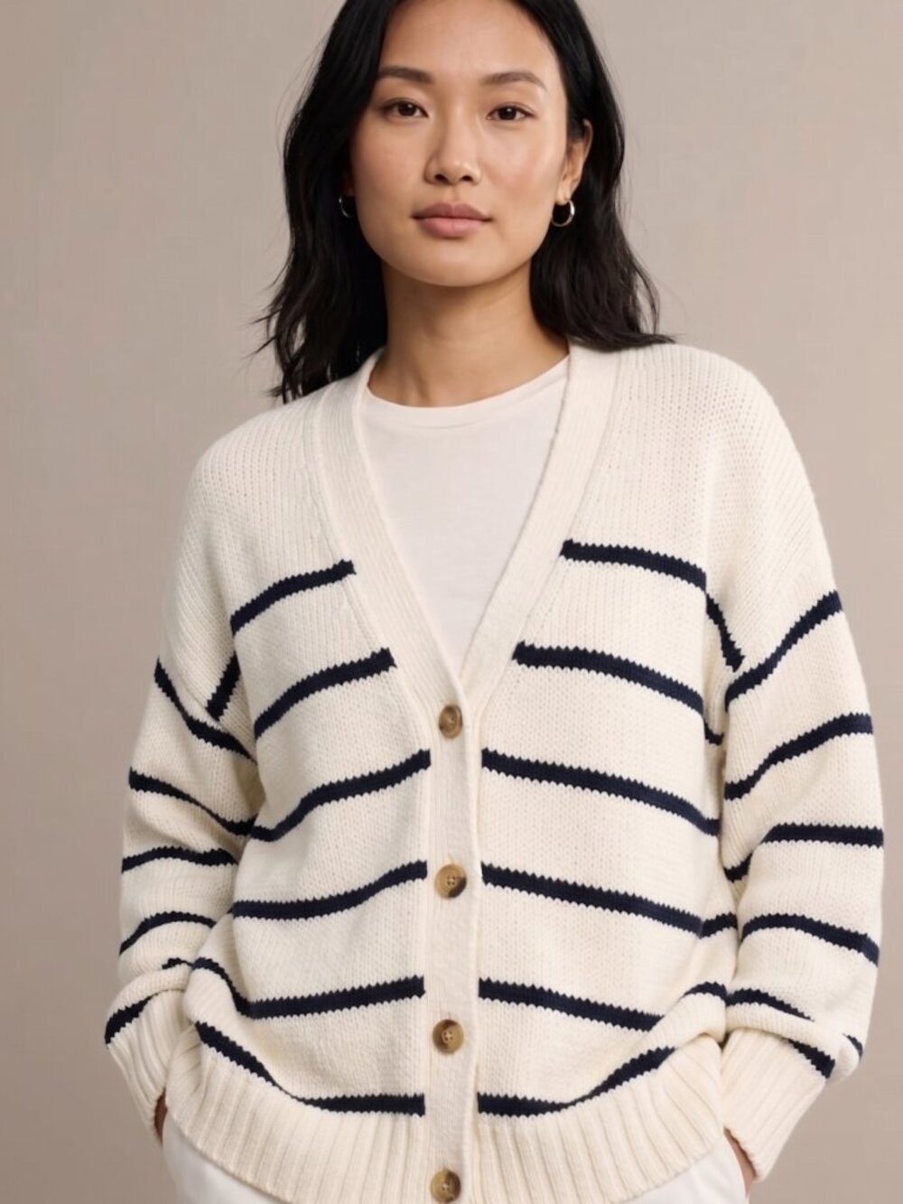 Jenni Kayne Chloe Cardigan XXS Oversized Striped V-Neck Cotton Sweater Ivory